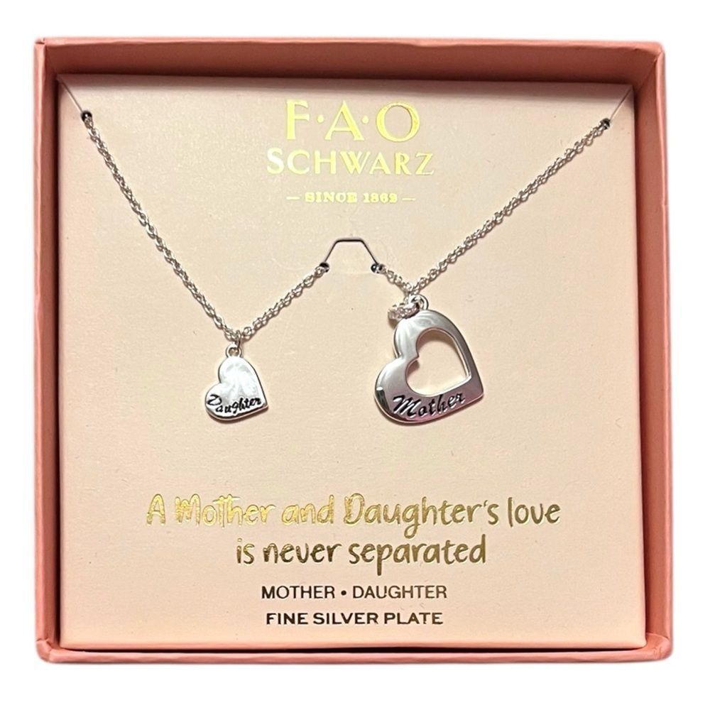 FAO Schwarz Fine Silver Plated Mother and Daughter Heart Necklace Set
